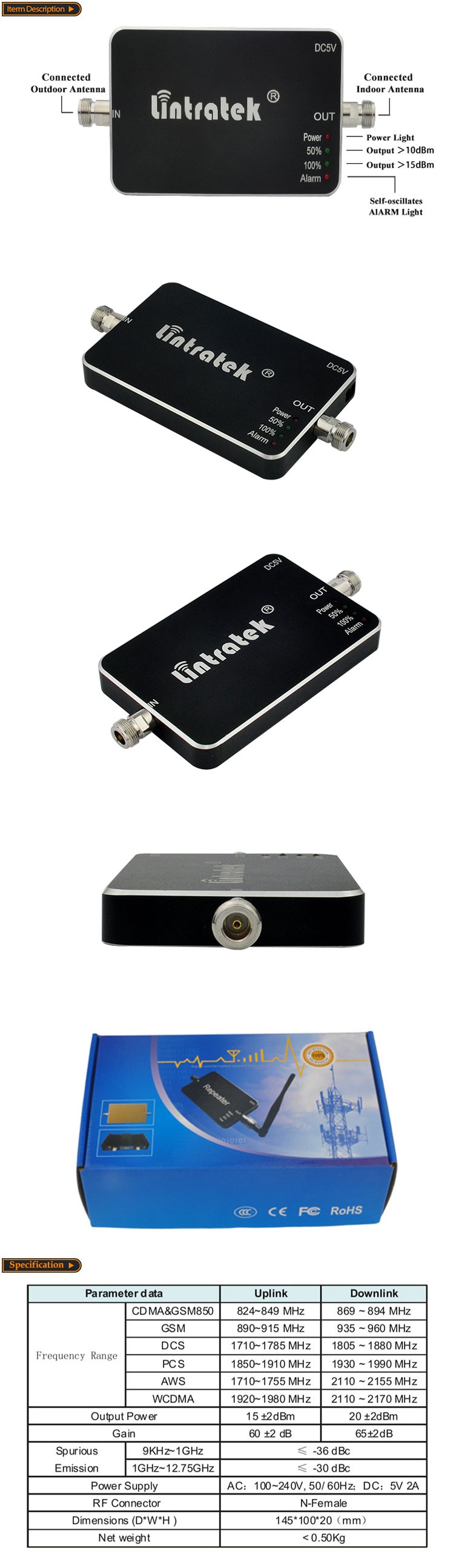 Lintratek 2100MHz 3G Cellular Signal Boosters 65dbi UMTS 2100 Repeater 3G Antennas 2100MHz W CDMA ALC Signal Amplifier Full Kits