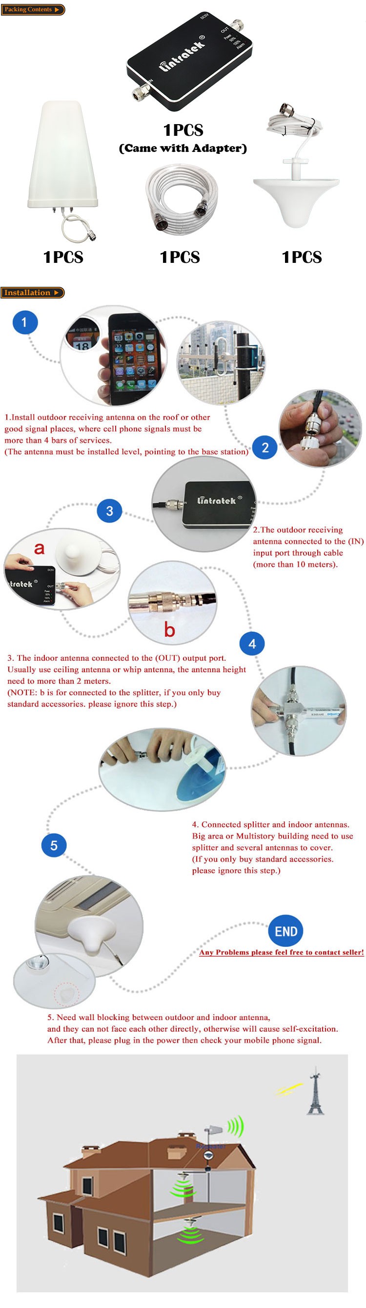 Lintratek 2100MHz 3G Cellular Signal Boosters 65dbi UMTS 2100 Repeater 3G Antennas 2100MHz W CDMA ALC Signal Amplifier Full Kits