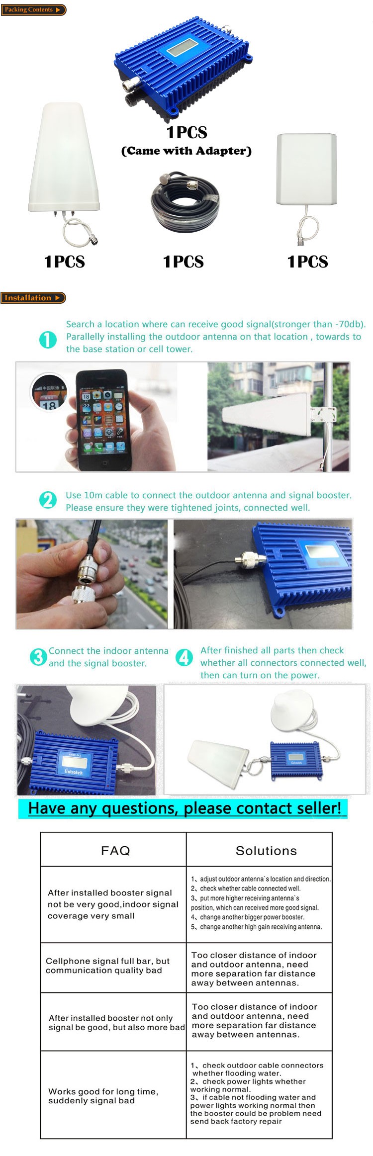 GSM Repeater 1800 Cellular Signal Booster 1800 mhz 70db Cell Phone Booster 20dBm LCD Display Booster DCS 1800 Full Kits