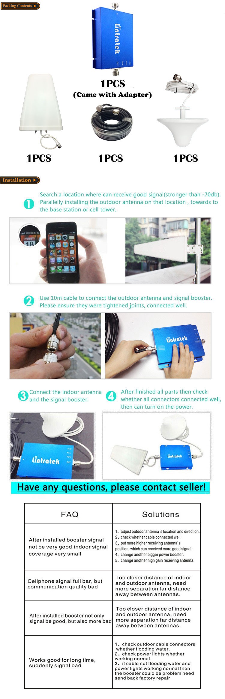 3G Cell Phone Booster 3G WCDMA 2100 REPEATER AMPLIFIER 65db Gain High Performance Home Use Booster Full Kits
