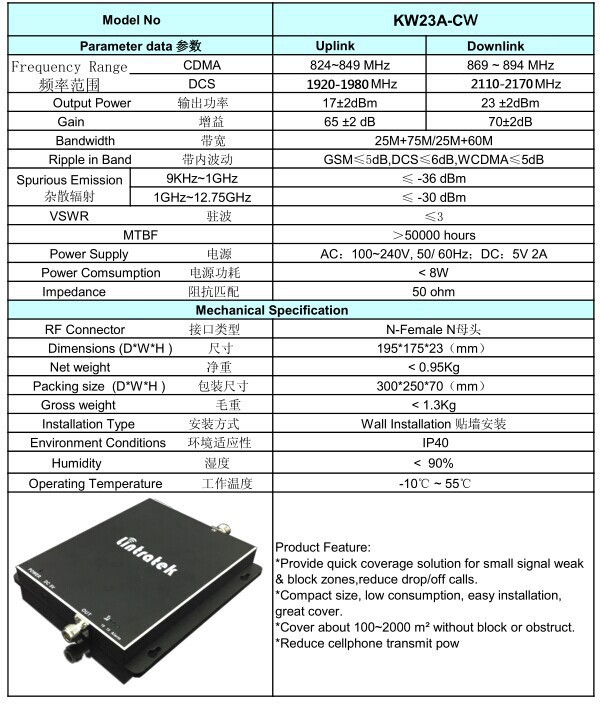 Lintratek Cell Phone Signal Repeater 70dB Signal Amplifier UMTS 850Mhz 2100MHz UMTS CDMA Dual Band Signal Booster