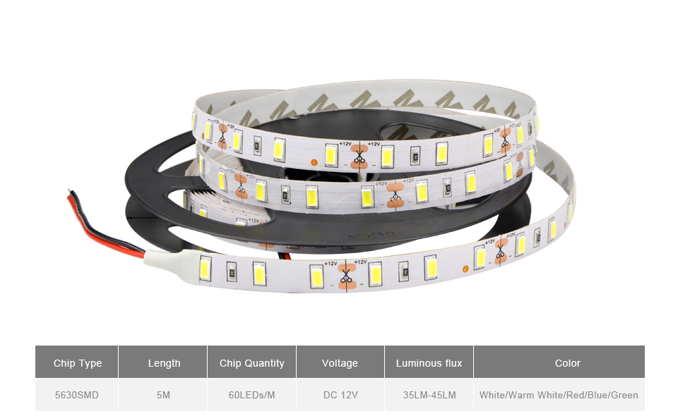 IP20 No waterproof 5630 SMD LED Strip light DC12V 5M tape flexible String lighting DC female for indoor home decoration lamp