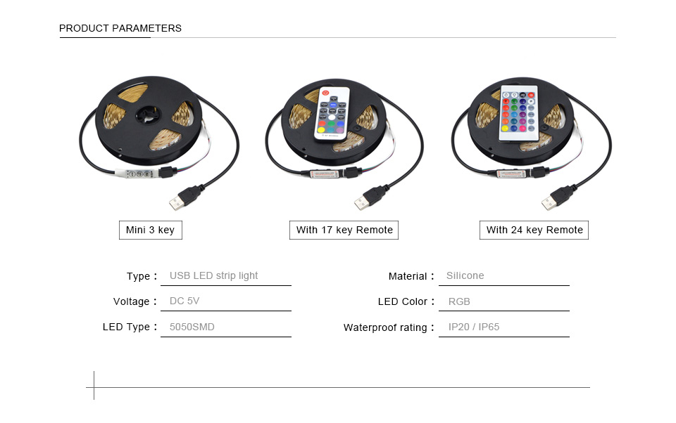 IP20 IP65 1m 2m 3m 4m 5m DC 5V RGB Flexible USB led strip light 5050 SMD sting Ribbon Adhesive tape TV Background lighting