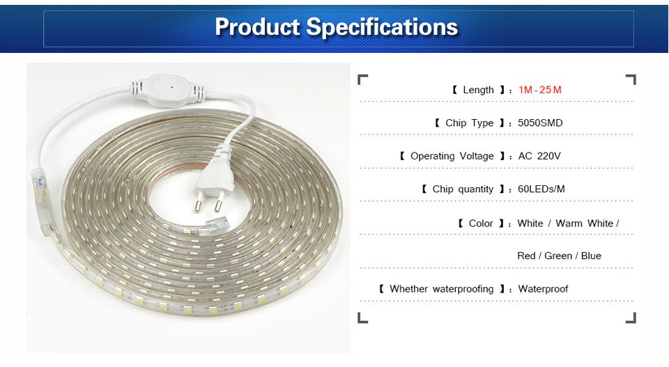 AC220V IP65 Waterproof SMD 5050 60leds m LED tape flexible led Strip light lamp Tape EU Power Plug For outdoor garden lighting