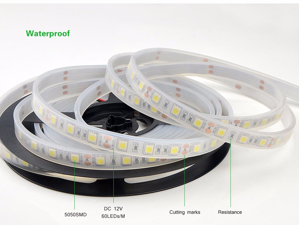 IP67 Tube Waterproof SMD 5050 5m 300LEDs DC12V LED strip lights Highlight waterproof casing LED Flexible lamp underwater lights