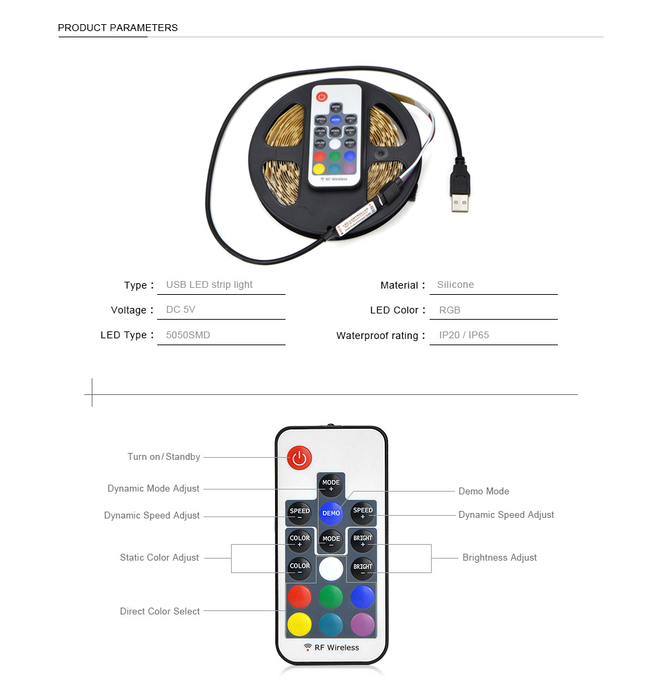 1m 2m 3m 4m 5m 30LEDs m DC5V RGB USB LED strip light USB cable charger ribbon tape string lighting IR RF RGB remote control