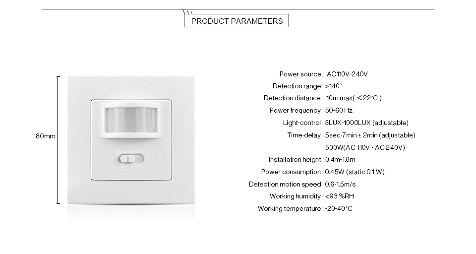 Wall mounted PIR Motion Sensor light Switch ON OFF Power Electrical Socket Adapter 100V 240V AC MAX 500w load 10m max