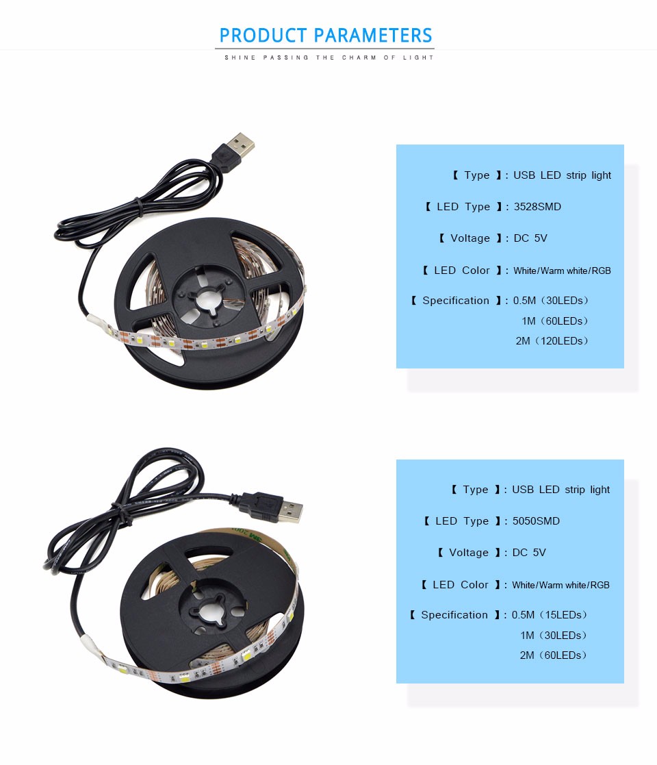 IP20 3528 5050 SMD RGB USB LED Strip light DC 5V 50CM 1M 2M Decor RGB lamp Tape Ribbon For Monitor TV Backgroud lighting