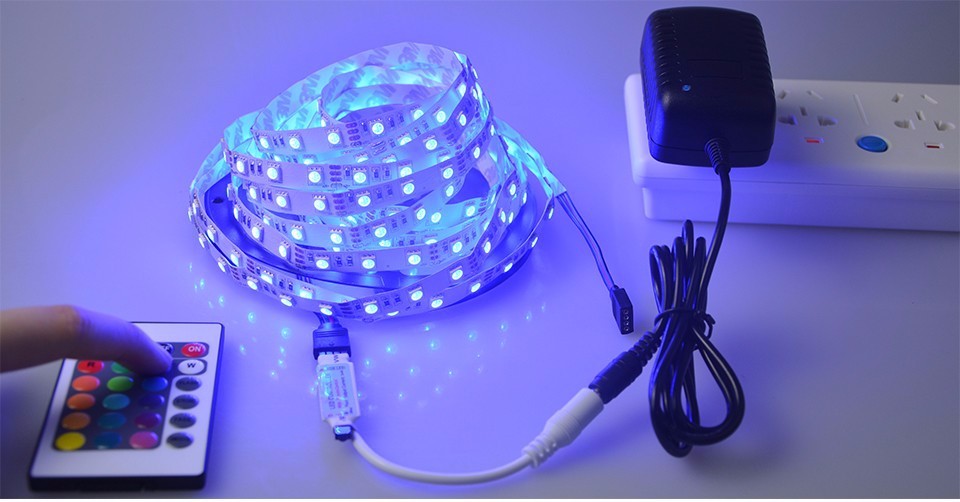 No waterproof 5M RGB LED Strip tape ribbon light 5050 SMD 24 key Remote controller DC12V 3A Power Supply Adapter EU US Plug