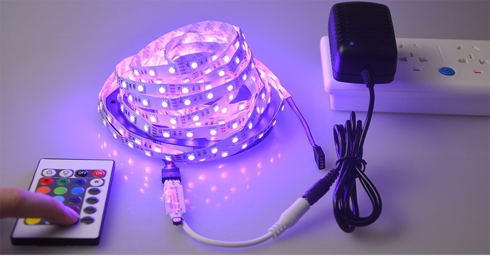 No waterproof 5M RGB LED Strip tape ribbon light 5050 SMD 24 key Remote controller DC12V 3A Power Supply Adapter EU US Plug