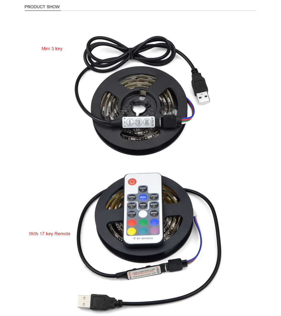 DC 5V 5050 SMD RGB USB cable Power LED Strip light USB LED Light Strips lamp Flexible Tape with Remote control 1M 2M 3M 4M 5M