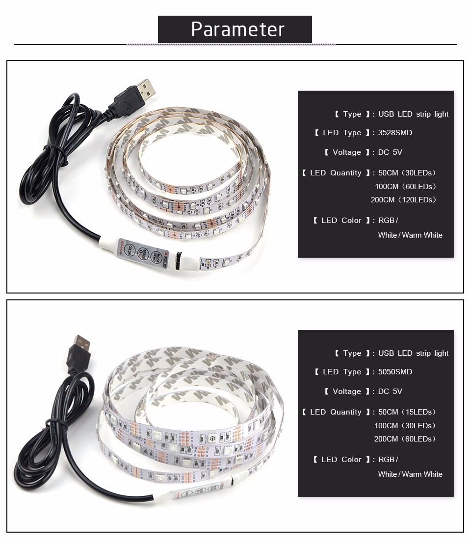 IP20 Non Waterproof USB LED Strip Light 50CM 1M 2M 3M 4M 5M DC 5V 3528 5050 SMD Flexible tape ribbon TV Background lamp Strip