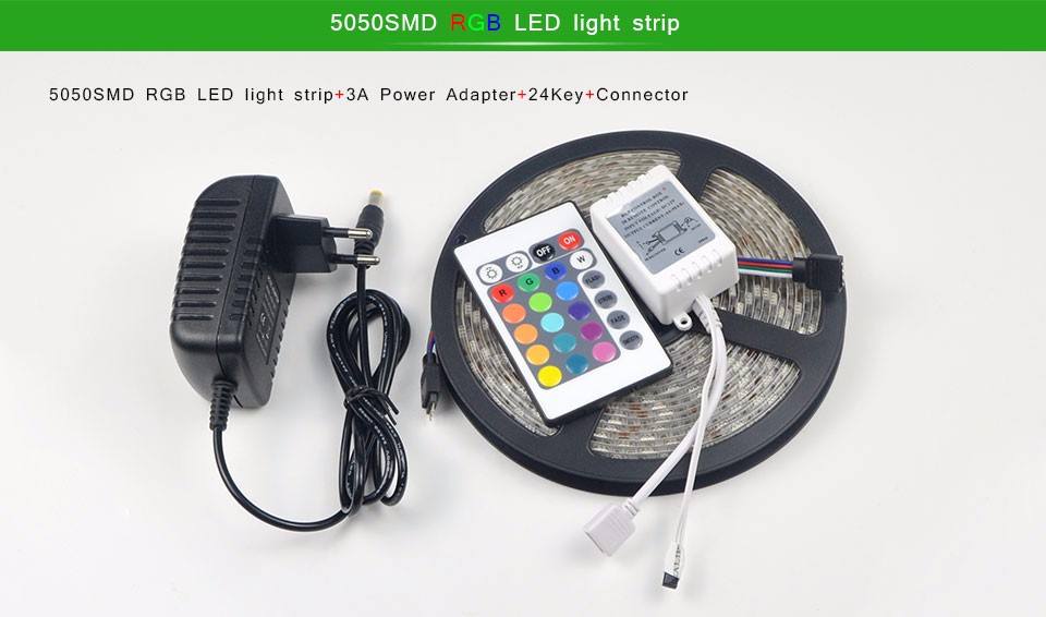 5M Flexible LED Strip Light 5050 SMD lamp Tape RGB 24Key Controller DC 12V 3A Adapter For DIY Decor Party Holiday Festival