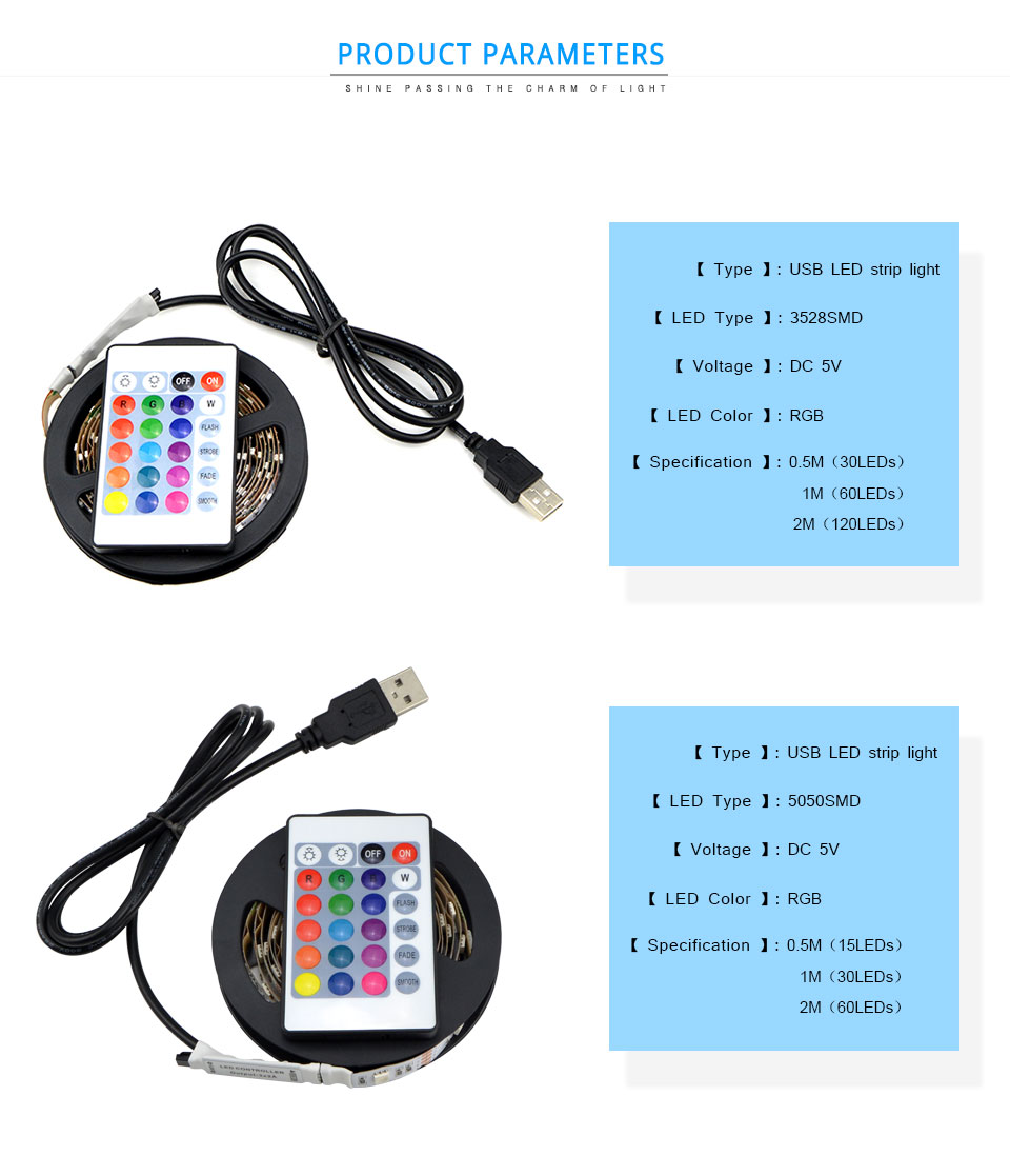 USB charger adapter led light IP20 3528 5050 SMD 2m 3m 4m 5m 5V USB cable power supply USB LED strip light RGB LED controller