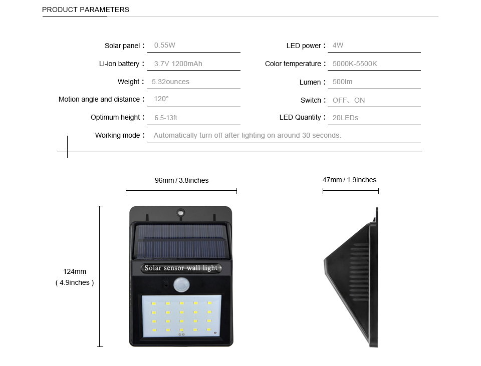 20 led Outdoor Solar Sensor LED Light PIR Motion Sensor solar lamp Detection Range With Dusk to Dawn Dark Security light