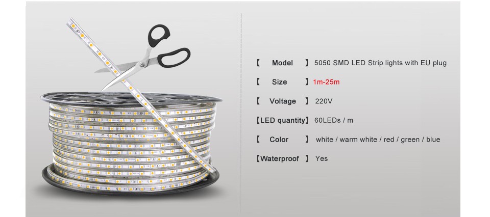 220V 60leds m SMD 5050 IP67 Waterproof led strip flexible light 1M 2M 3M 4M 5M 6M 7M 8M 9M 10M 11M 12M 15M 20M Power EU Plug