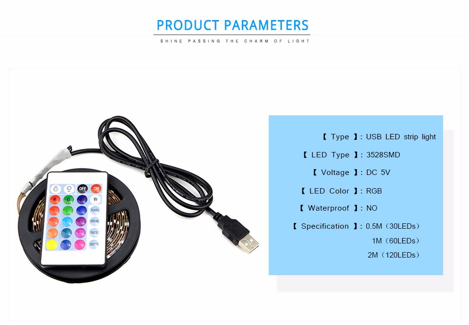 DC 5V IP20 IP65 RGB with 24Keys controller White warm white USB LED Strip light 60LEDs m 50cm 1m 2m for TV Background