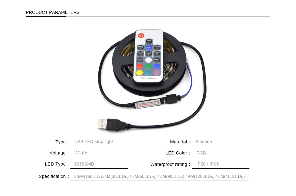 1M 2M 3M 4M 5M DC 5V RGB USB charger LED strip light USB cable adapter 5050 SMD tape RF led remote control Background lighting