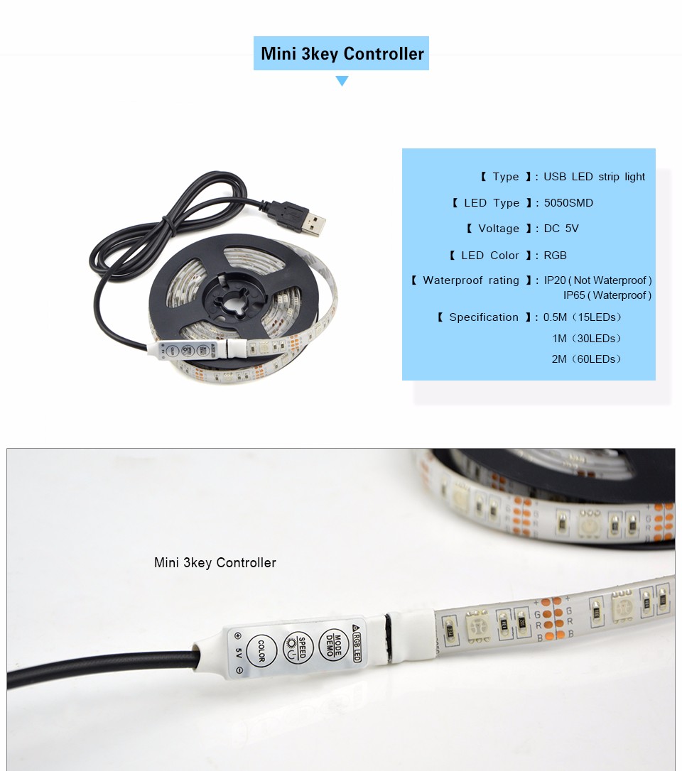 LED light 5050 SMD RGB USB cable charger 5V LED Strip light 1m 2m IP20 IP65 waterproof remote control for home Lighting lamp