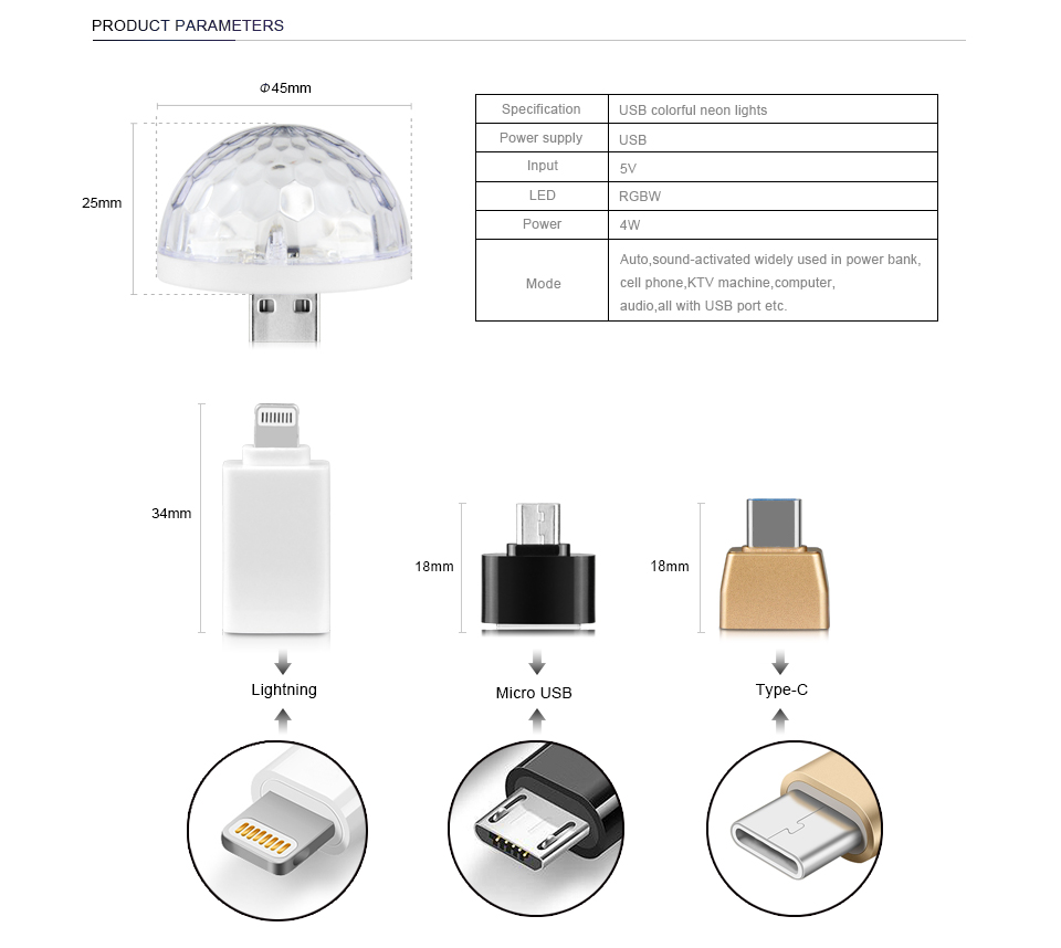 3W 5V Music Sound Control USB chager LED stage light RGB LED Bulb lamp KTV Disco Microphone lighting Type C Micro Lightnig