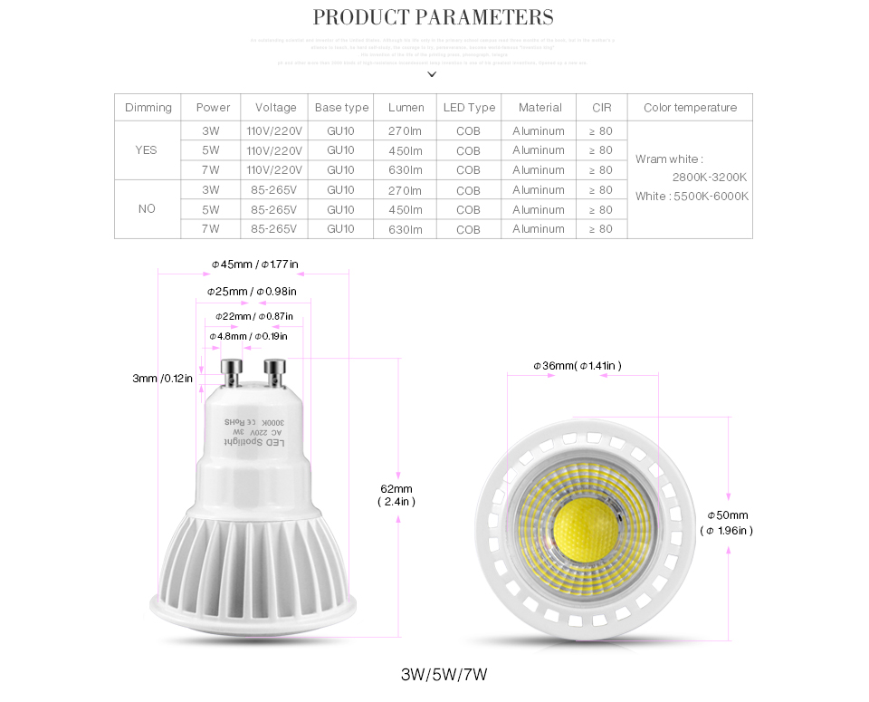 AC DC 12V 24V GU10 LED lamp light 3W 5W 7W COB led spolight LED bulb indoor home lighting Aluminum 85V 265V lamparas