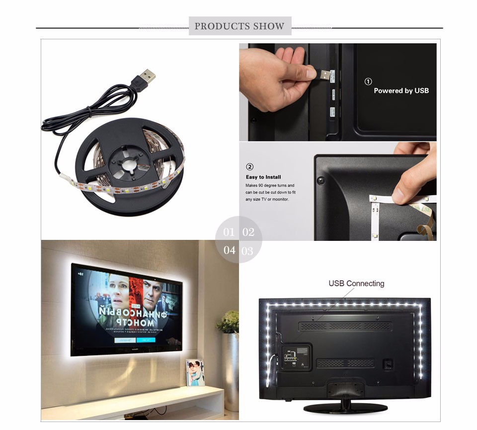 USB cable DC 5V 1M 2M 3M 4M 5M 3528 5050 SMD RGB LED strip light IP20 IP65 Waterproof Adhesive Tape TV Background Lighting