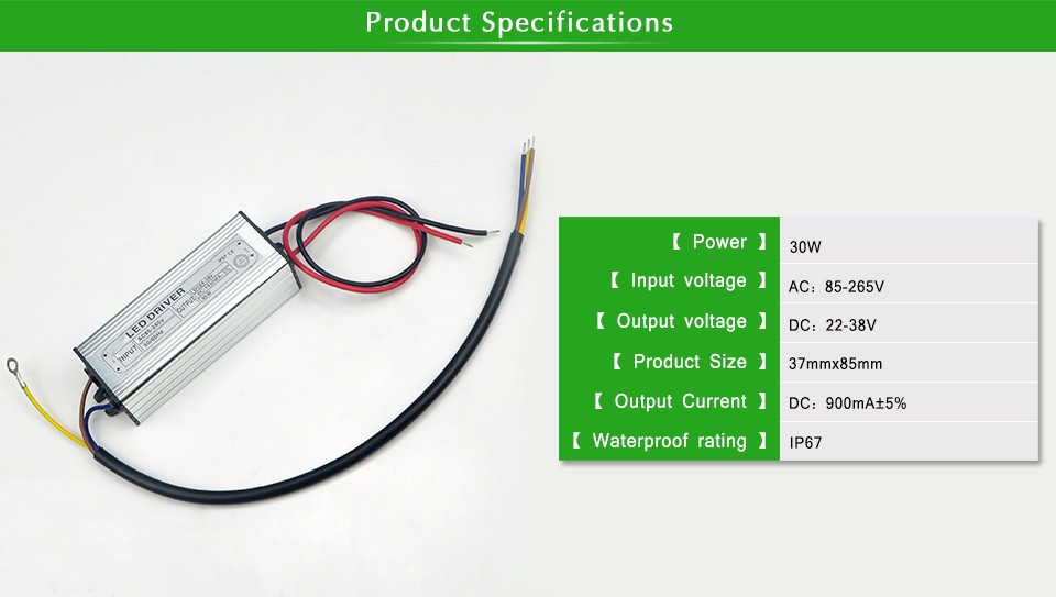 1Pcs DC 22V 38V 30W 900mA 10 series 3 parallel Power Supply Floodlight LED Driver lighting Transformer IP67 Waterproof Adapter