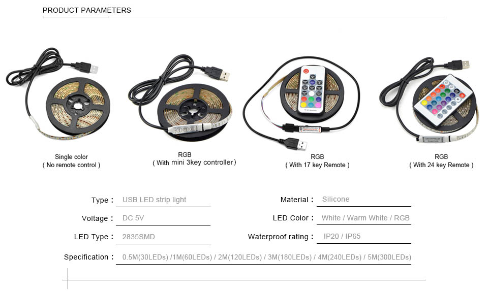 2835 SMD DC 5V USB charger adapter USB Cable LED strip light Tape LED lamp RF IR RGB remote control String bulb 1M 2M 3M 4M 5M