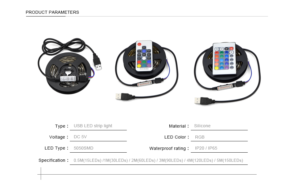 1M 2M 3M 4M 5M 5050 SMD DC 5V RGB USB cable LED Strip light USB charger adapter LED lamp IR RF remote control home lighting