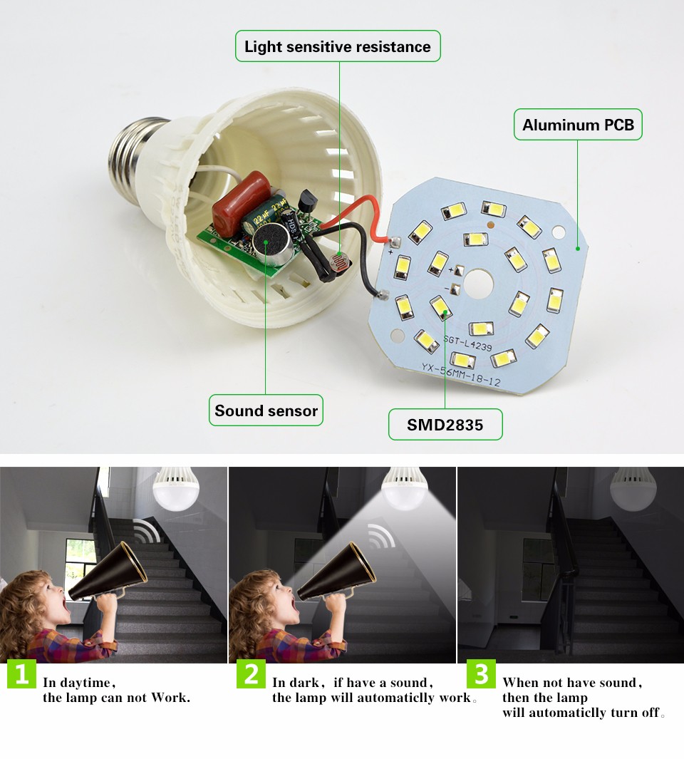 220V PIR Motion Sensor E27 5730 SMD 3W 5W 7W 9W 12W LED Bulb Sound Voice Induction Light Control lamp For Door Stair lighting