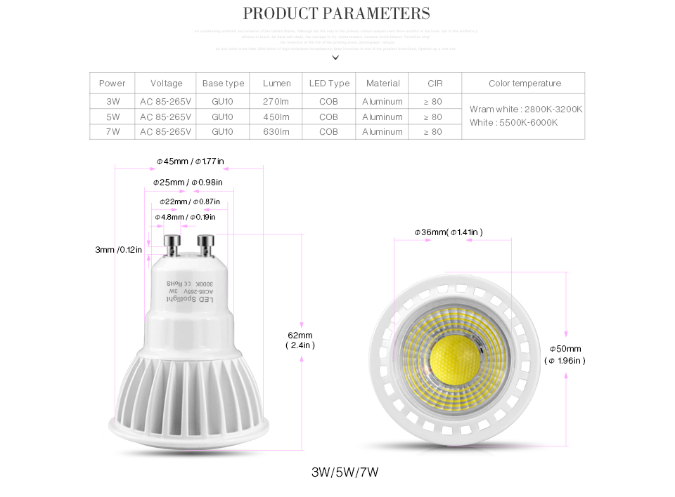 GU10 3W 5W 7W COB LED Bulb spotlight 85 265V 220V 110V LED Light COB LED lamp GU10 Aluminum Led Spot light Ceiling light