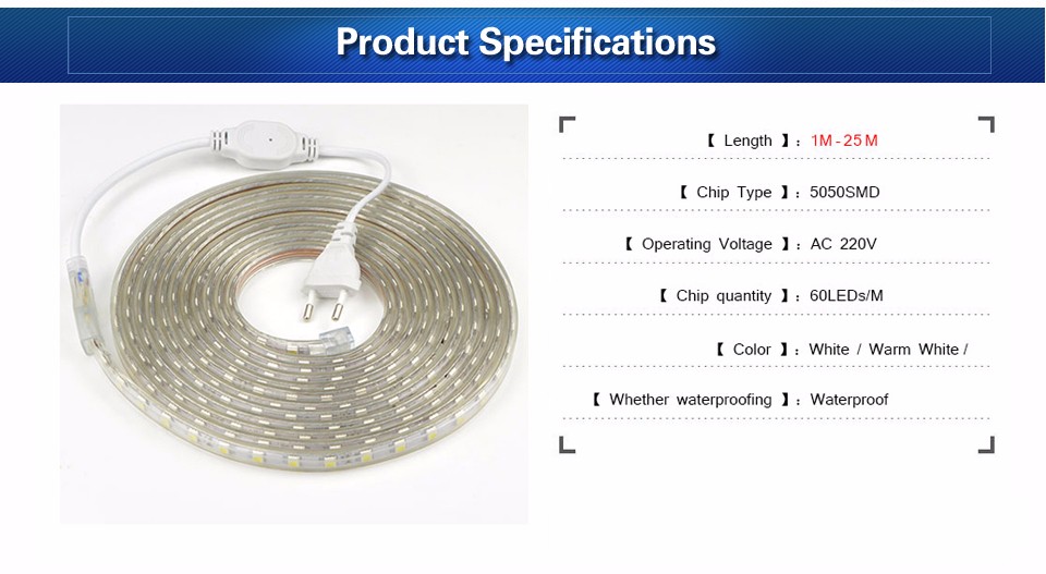 AC220V led tape flexible SMD 5050 60led M White Warm white led strip light EU power plug Waterproof bar lights