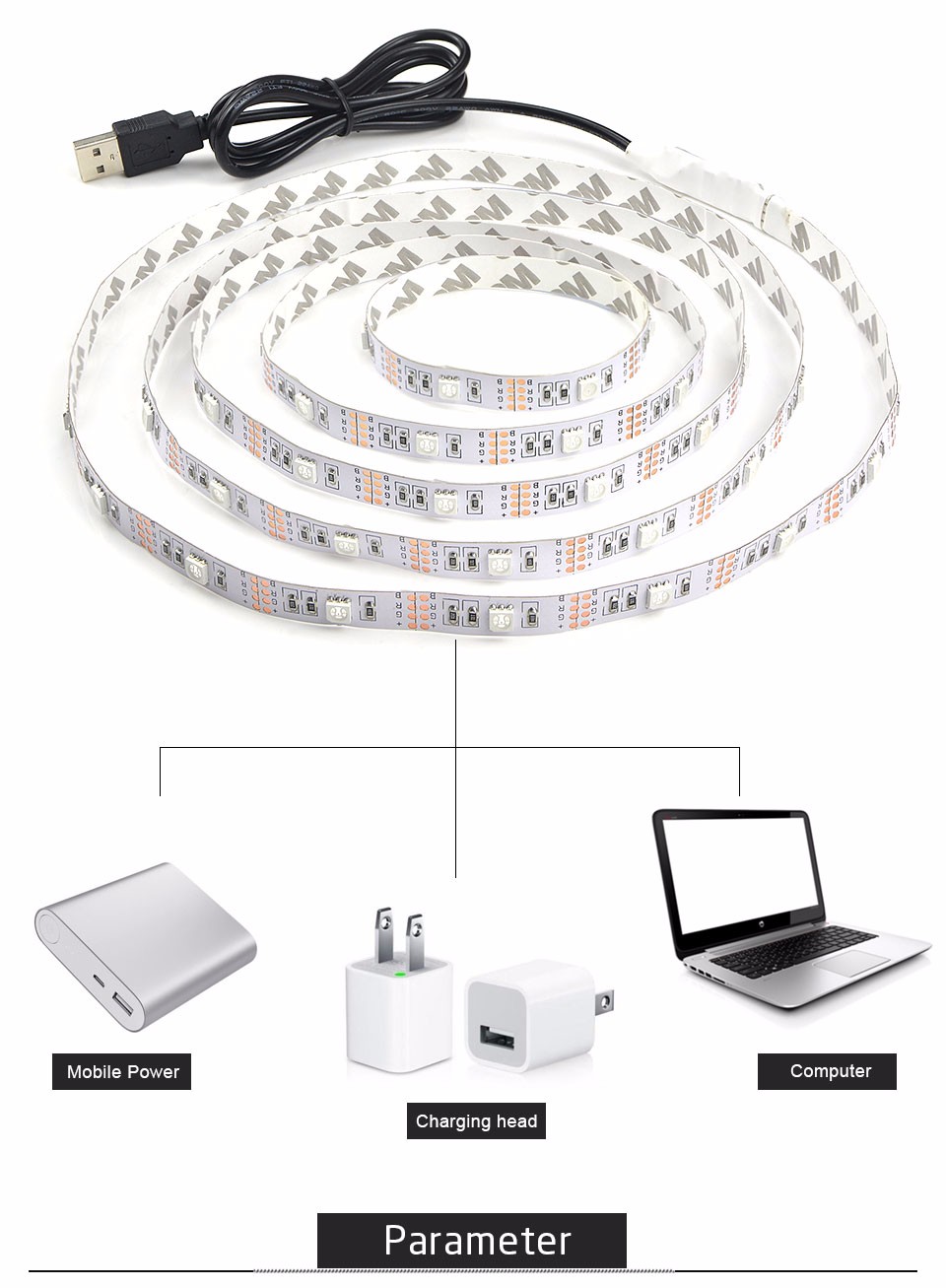 Non waterproof Tape USB RGB Power Supply LED Strip 3528 5050 SMD 50 100 200 cm DC 5V For TV Background Lighting Book Light