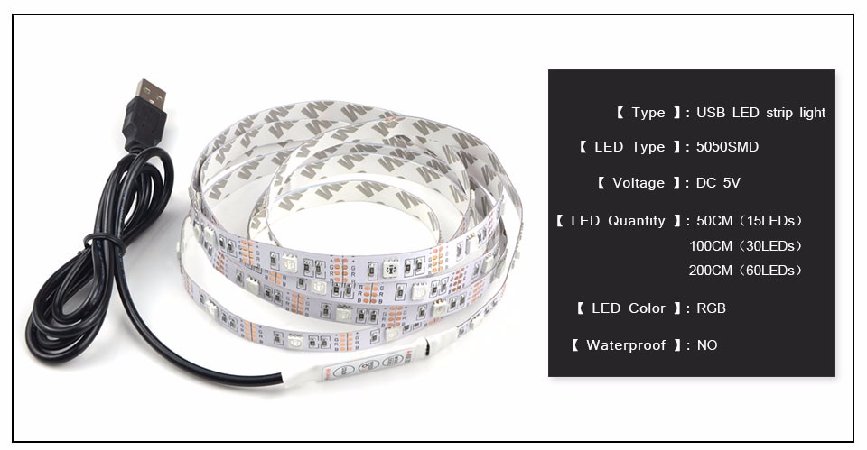 Non waterproof Tape USB RGB Power Supply LED Strip 3528 5050 SMD 50 100 200 cm DC 5V For TV Background Lighting Book Light