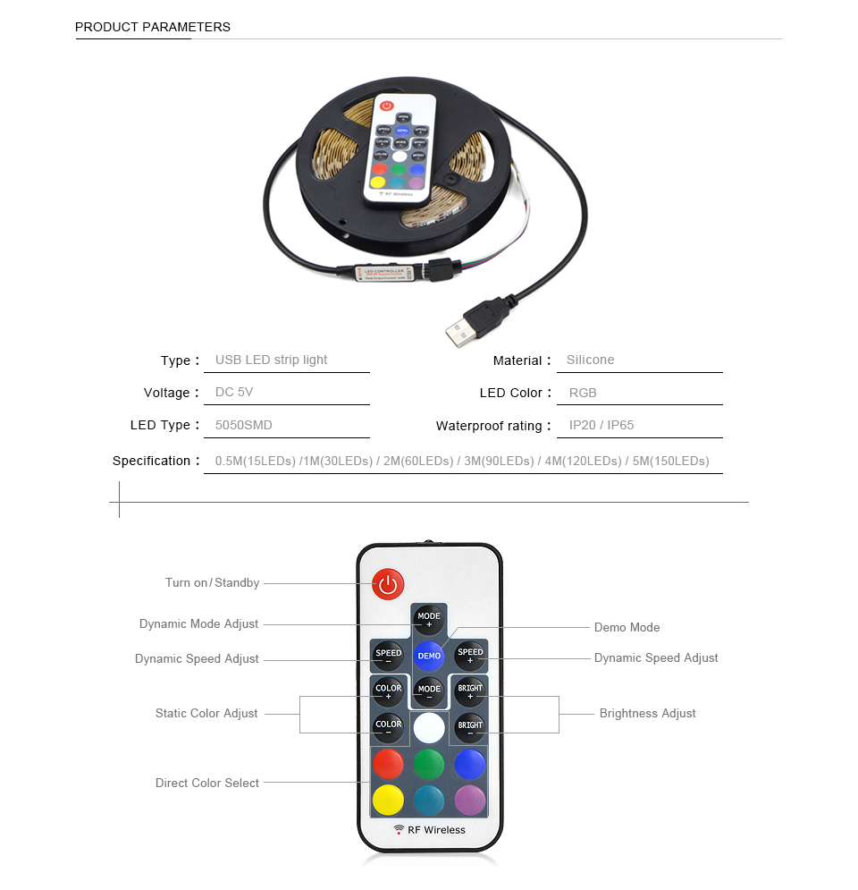 RF RGB remote control 5050 SMD DC 5V USB cable adapter LED Strip light 1M 2M 3M 5M TV lighting Desktop PC Monitor Backgroud lamp