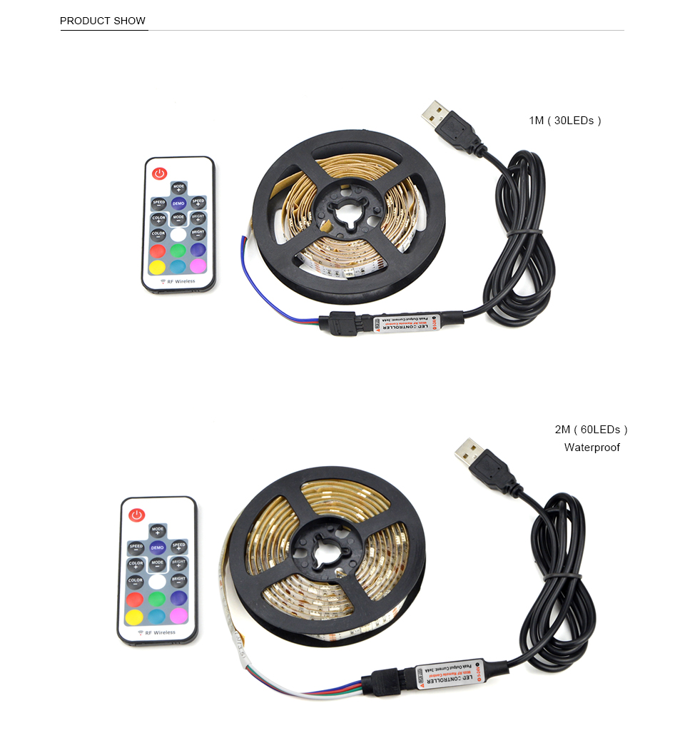 DC5V USB cable RGB LED strip light 1m 2m 3m 4m 5m usb power supply IP20 IP65 waterproof 5050 SMD rope lamp RF remote control