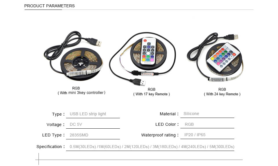 2835 SMD RGB USB charger LED Strip light DC 5V USB Cable LED Light lamp Flexible Tape 1M 2M 3M 4M 5M RF IR RGB Remote control