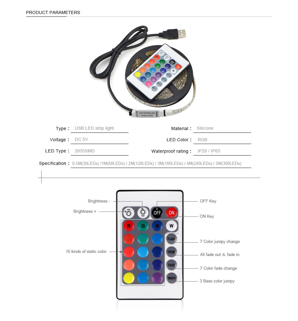 IP20 DC 5V USB LED Night light 3528 5050 SMD 1m 5m 5V USB cable power supply RGB LED controller USB LED strip light night lamp