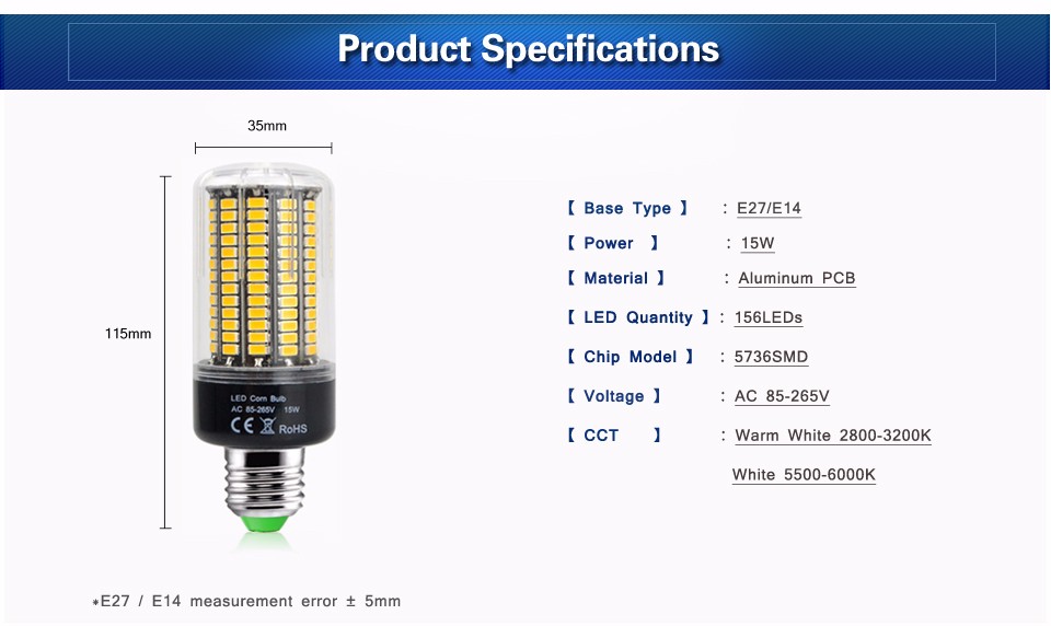 LED Bulb lamp Aluminum plate smart IC SMD 5736 LED corn light 85 265V E27 E14 15W Lumen more excellent than 5730 2835 SMD