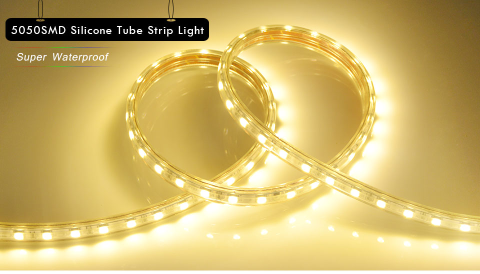 Upgrad copper wire 220V SMD 5050 LED Strip Light 1m 18M IP65 Waterproof led tape outdoor lighting Decor lamp EU plug Adapter