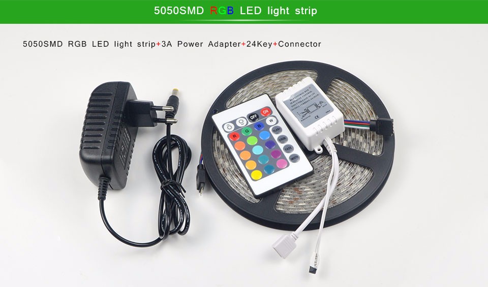 LED Strip Light RGB SMD 5050 300LEDs 5M Flexible Rope Tape Lights 24 44 Key Remote Controller DC 12V 3A Adapter Power Supply