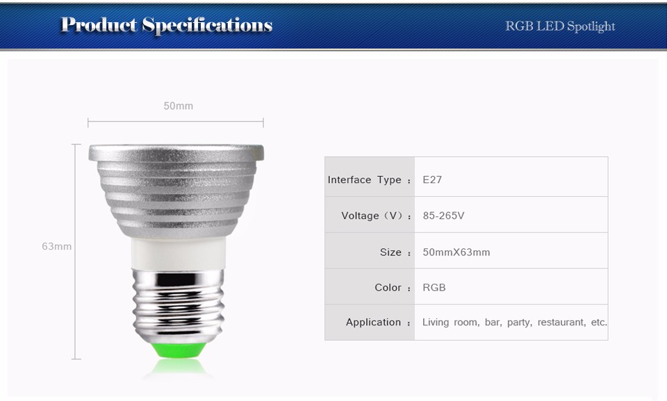 Dimmable E27 RGB LED Bulb 85V 265V 220V 110V LED lamp LED light 24Key RGB Remote Control Spot light Spotlight Night light