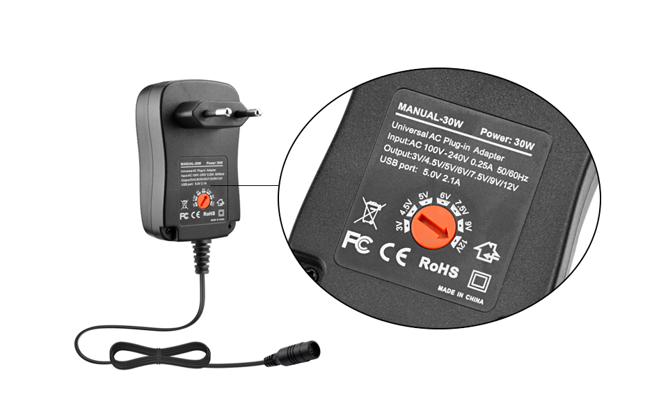 100 240 V TO 3V 4.5V 5V 6V 7.5V 9V 12V 30W Universal Adjustable AC DC Charger Adapter Switching Power Supply 5V 2.1A USB Port