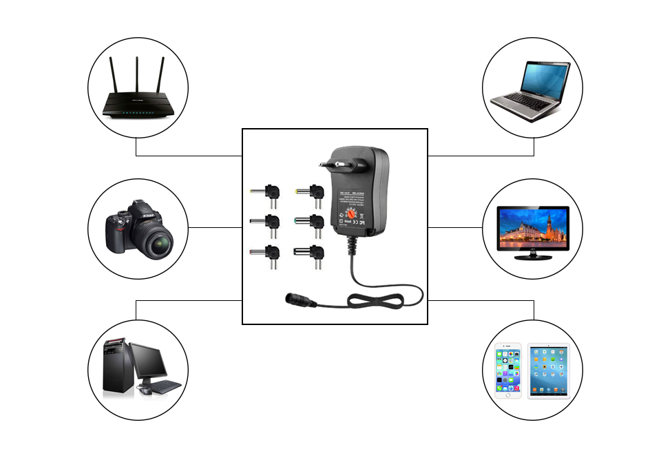 30W Universal 100 240V Wall Plug in Power Adapter DC 3v 4.5v 5v 6v 7.5v 9v 12v 2.1A charger 6pcs tip Switching power supply