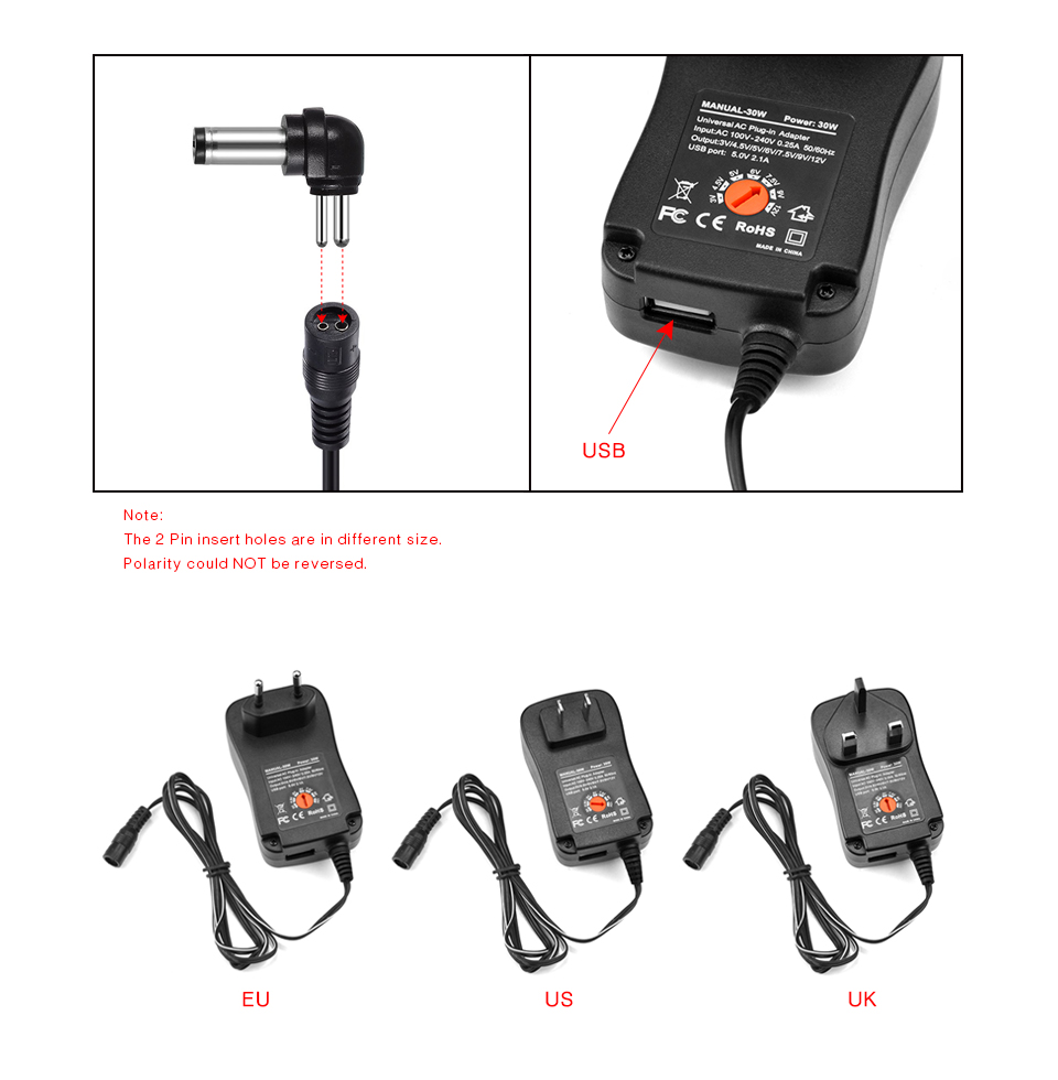 100 240 V TO 3V 4.5V 5V 6V 7.5V 9V 12V 30W Universal Adjustable AC DC Charger Adapter Switching Power Supply 5V 2.1A USB Port