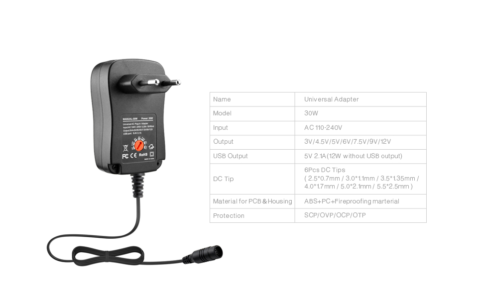 30W Universal EU Plug in switch Adapter 3v 4.5v 5v 6v 7.5v 9v 12v charger 6 pieces connection tip power supply 5V 2.1A USB Port