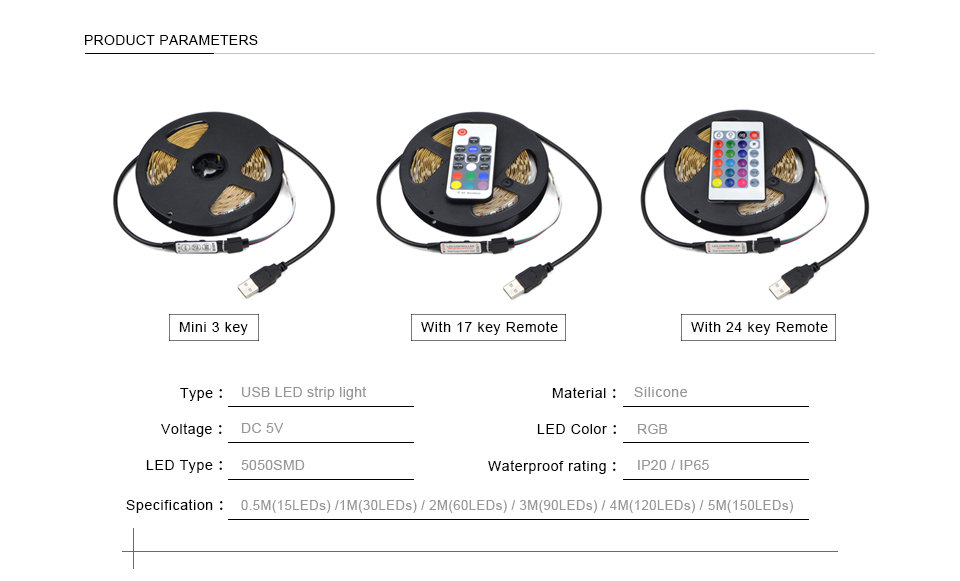 5050 SMD DC 5V USB cable RGB LED strip light 1m 2m 3m 5m 3key 24Keys IR 17Key RF remote control string tape lamp 30LEDs m