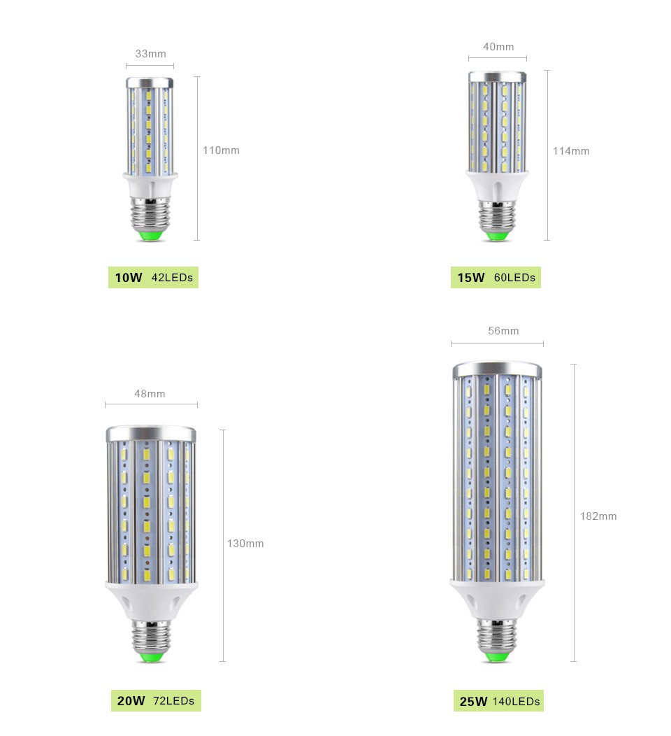 NEW 5730 SMD No Flicker Aluminum Cooling 10W 15W 20W 25W E27 E14 LED lamp 85 265V 42 60 72 140leds LED Corn light Bulb Lampada