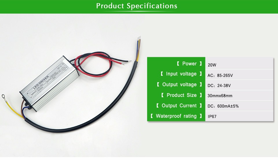 1Pcs DC 24V 38V 20W 600mA Power Supply adapter transformers Floodlight LED Driver lighting Transformer IP67 Waterproof Adapter