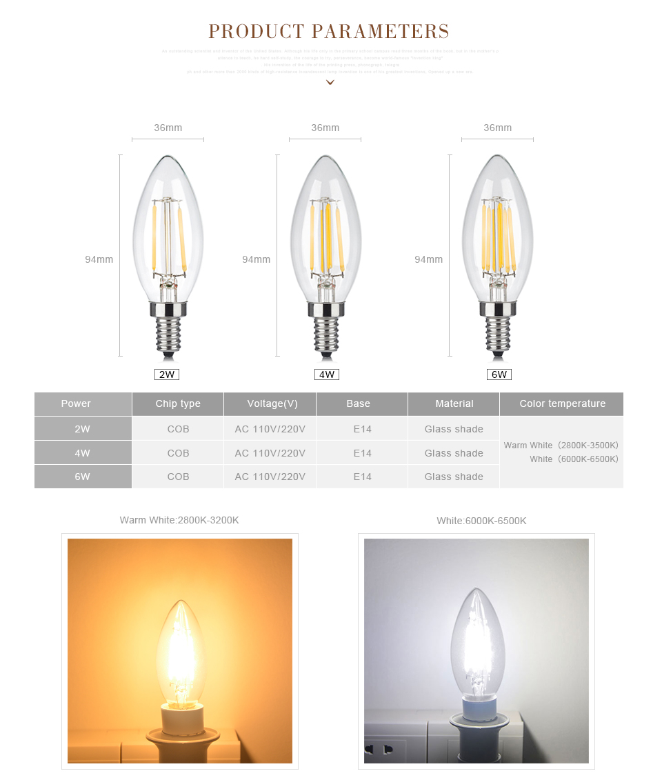 6Pcs 220V 110V 2W 4W 6W E14 LED Bulbs LED COB chip light Filament Candle lamp Vintage pendant lamp Chandelier lighting bombillas